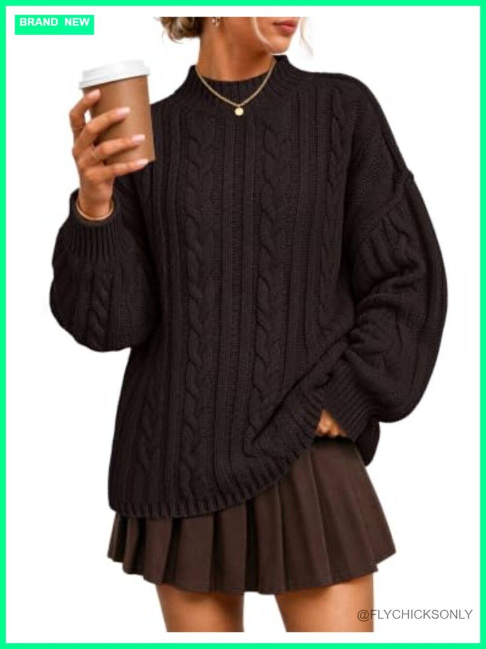 ZESICA Oversized Mock Neck Cable Knit Sweater Drop Shoulder Pullover